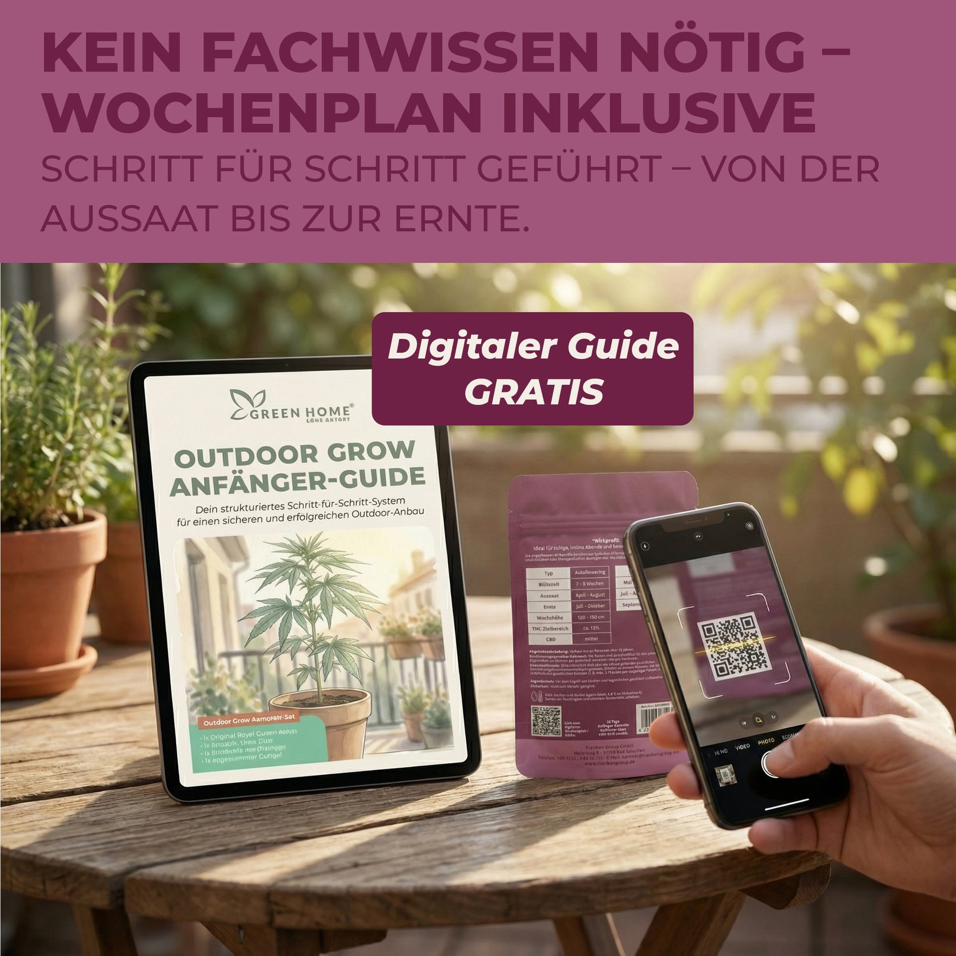 Digitaler Outdoor Grow Anfänger-Guide auf Tablet und Smartphone beim Scannen des QR-Codes auf der Green Home NÄHE Verpackung