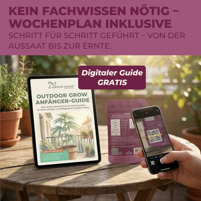 Digitaler Outdoor Grow Anfänger-Guide auf Tablet und Smartphone beim Scannen des QR-Codes auf der Green Home NÄHE Verpackung