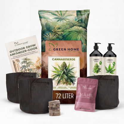Green Home Cannabis Samen Starter Set Nähe mit Royal Kush Auto Samen, Cannabiserde 72 Liter, Wachstums- und Blütendünger, vier Stofftöpfen, Quelltabletten und Outdoor Grow Anfänger-Guide