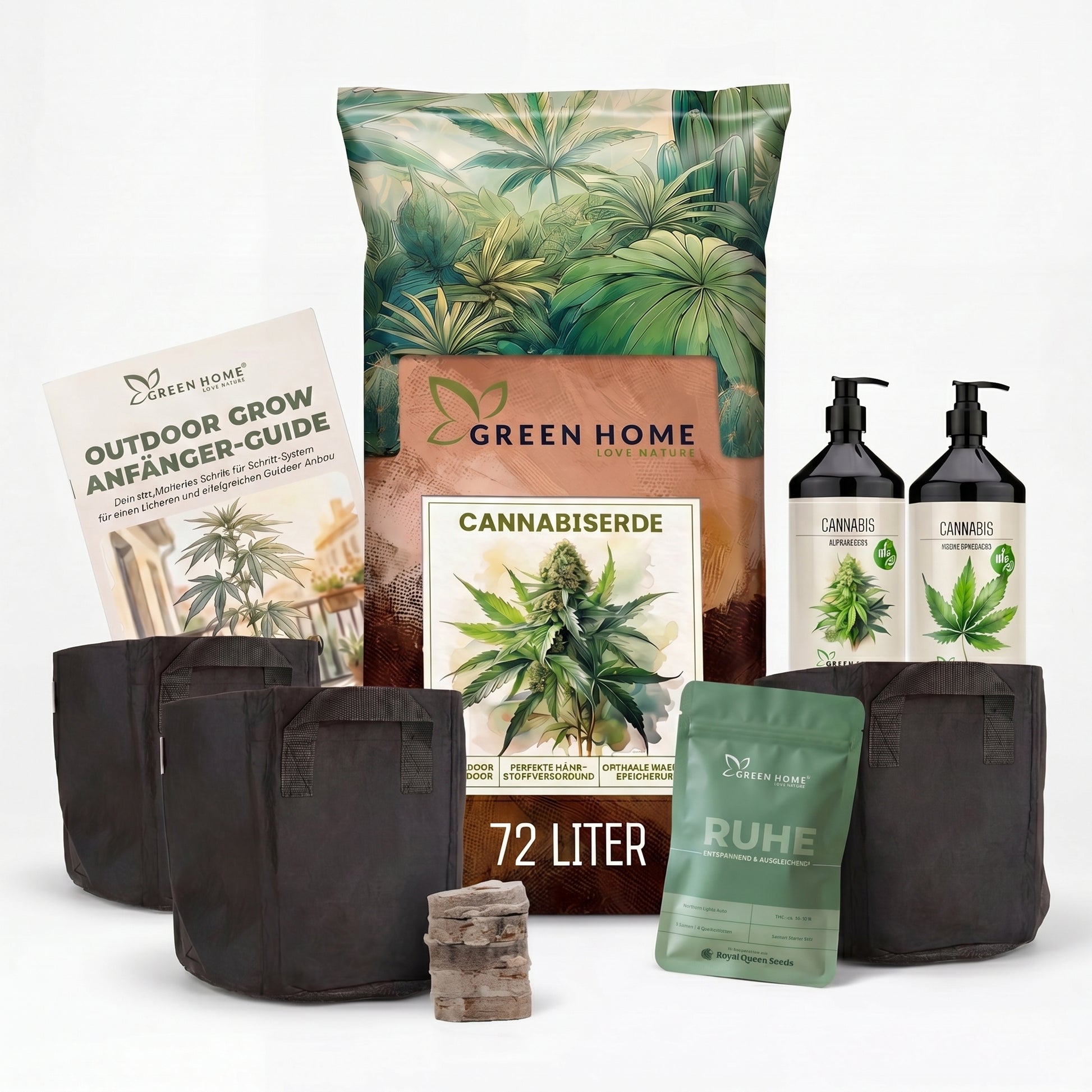 Green Home Cannabis Samen Starter Set Ruhe mit Northern Lights Auto Samen, Cannabiserde 72 Liter, Wachstums- und Blütendünger, vier Stofftöpfen, Quelltabletten und Outdoor Grow Anfänger-Guide