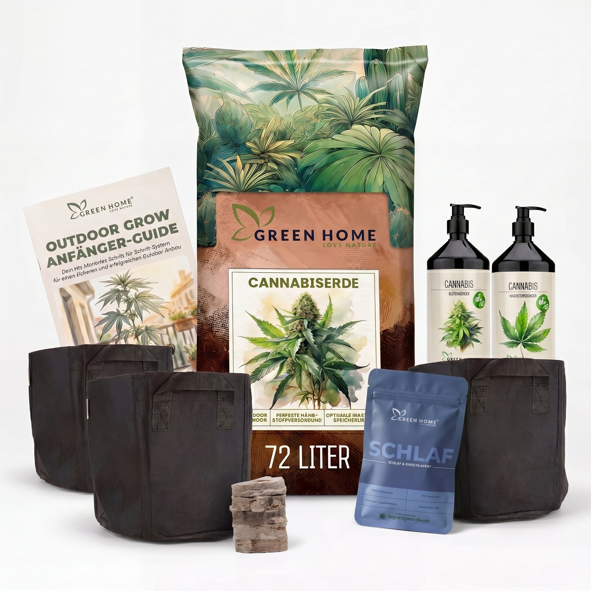 Green Home Cannabis Samen Starter Set Schlaf mit White Widow Auto Samen, Cannabiserde 72 Liter, Wachstums- und Blütendünger, vier Stofftöpfen, Quelltabletten und Outdoor Grow Anfänger-Guide