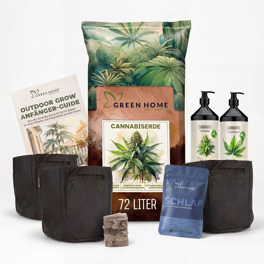 Green Home Cannabis Samen Starter Set Schlaf mit White Widow Auto Samen, Cannabiserde 72 Liter, Wachstums- und Blütendünger, vier Stofftöpfen, Quelltabletten und Outdoor Grow Anfänger-Guide