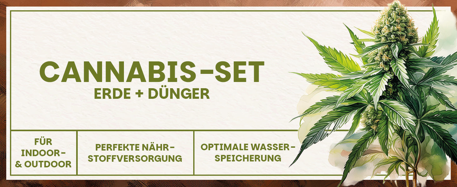 Banner zum Green Home Cannabis Set mit Erde und Dünger sowie Hinweisen auf Indoor- und Outdoor-Anwendung, perfekte Nährstoffversorgung und optimale Wasserspeicherung.