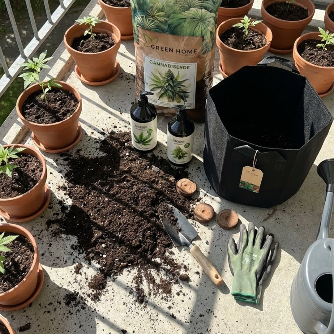 Komplettes Cannabis Starter-Set auf dem Balkon mit Erde, Dünger und Pflanzsack – bereit für erfolgreichen Eigenanbau.