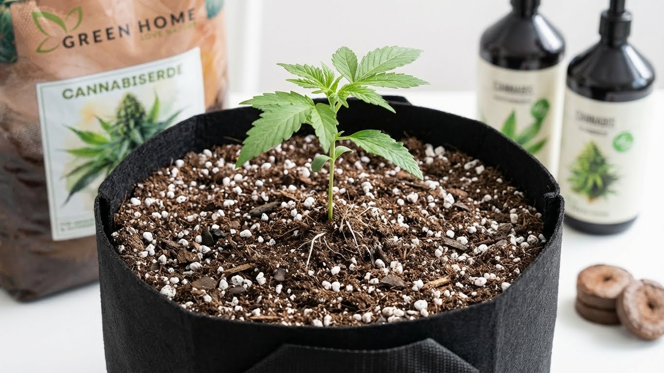Junge Cannabis-Pflanze in luftiger Spezialerde im Pflanzsack – ideale Bedingungen für Keimlinge und frühes Wachstum.