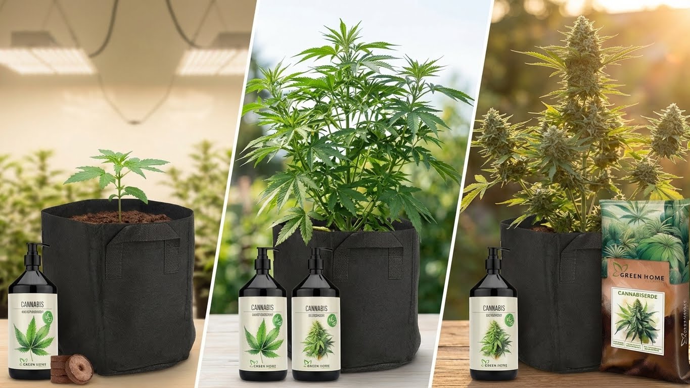 Wachstumsphasen einer Cannabis-Pflanze von Keimling bis Blüte – optimale Entwicklung mit Green Home Starter-Set.