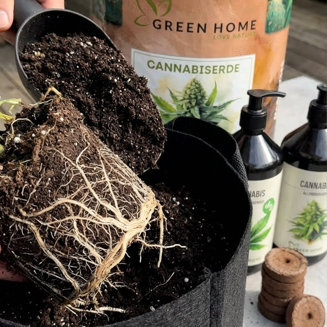 Freiliegender Wurzelballen einer Cannabis-Pflanze – starkes, verzweigtes Wurzelsystem durch Air-Pruning-Effekt.