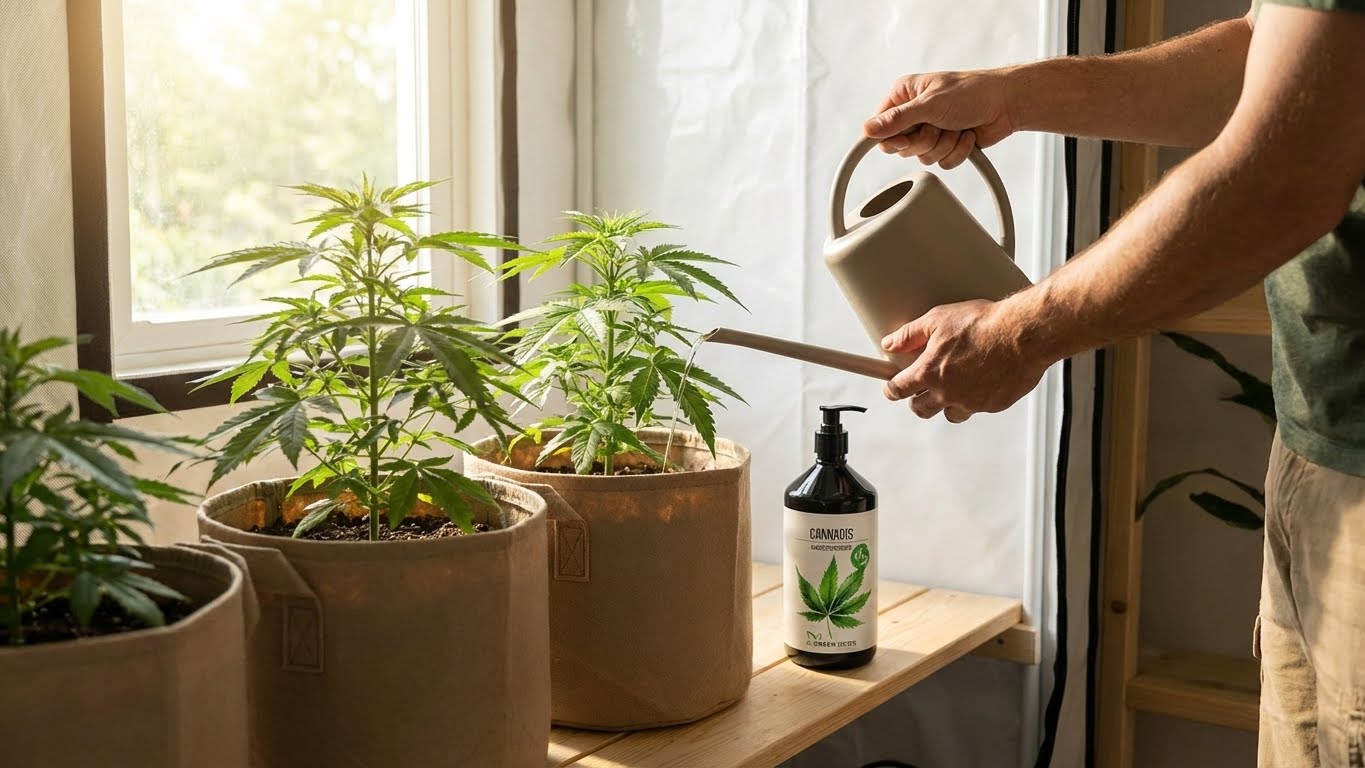 Anwendung des Green Home Cannabis Wachstumsdüngers beim Gießen von Hanfpflanzen im Indoor-Bereich mit Gießkanne.