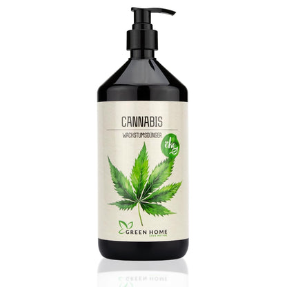 Green Home Cannabis Wachstumsdünger in schwarzer Flasche mit Pumpspender für die vegetative Phase von Hanf- und Cannabispflanzen.