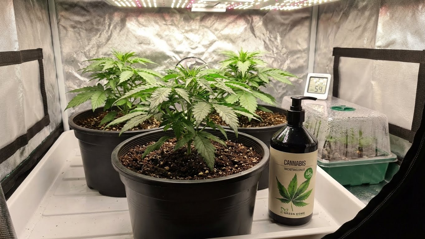 Green Home Cannabis Wachstumsdünger im Indoor-Growzelt neben jungen Cannabispflanzen in Töpfen unter LED-Beleuchtung.