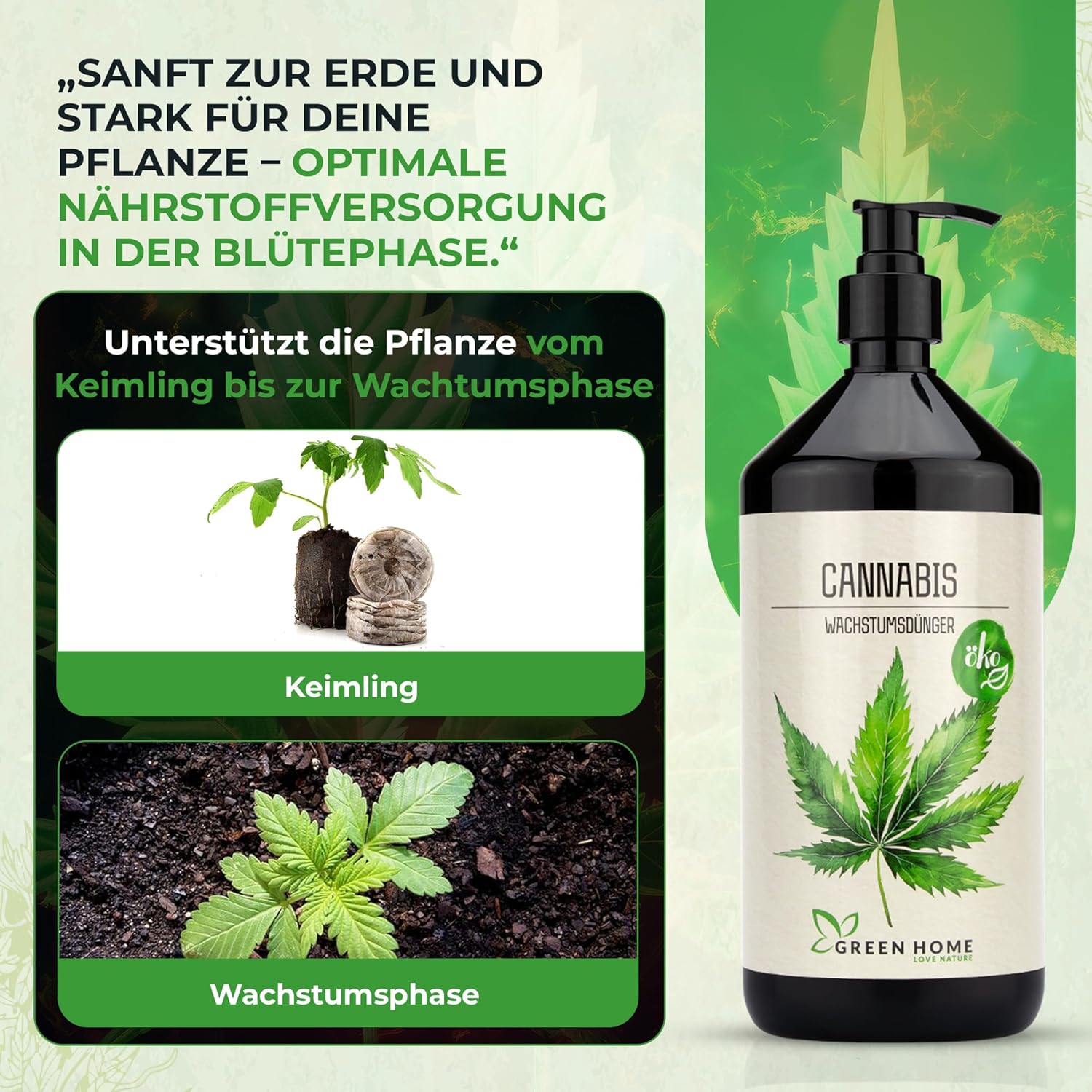 Green Home Cannabis Wachstumsdünger zur Unterstützung vom Keimling bis zur kräftigen Wachstumsphase.