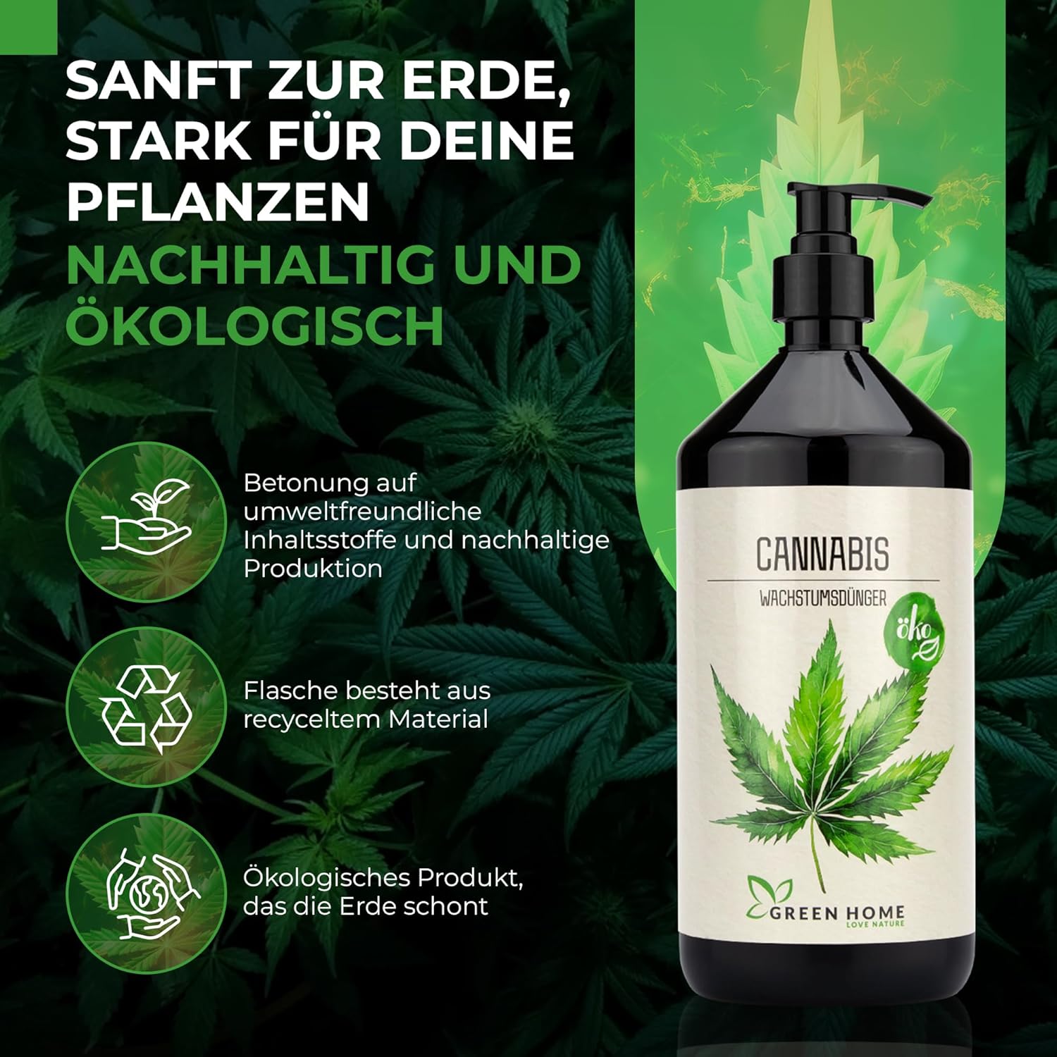Green Home Cannabis Wachstumsdünger mit Fokus auf nachhaltige Inhaltsstoffe und recycelte Verpackung für umweltbewussten Anbau.