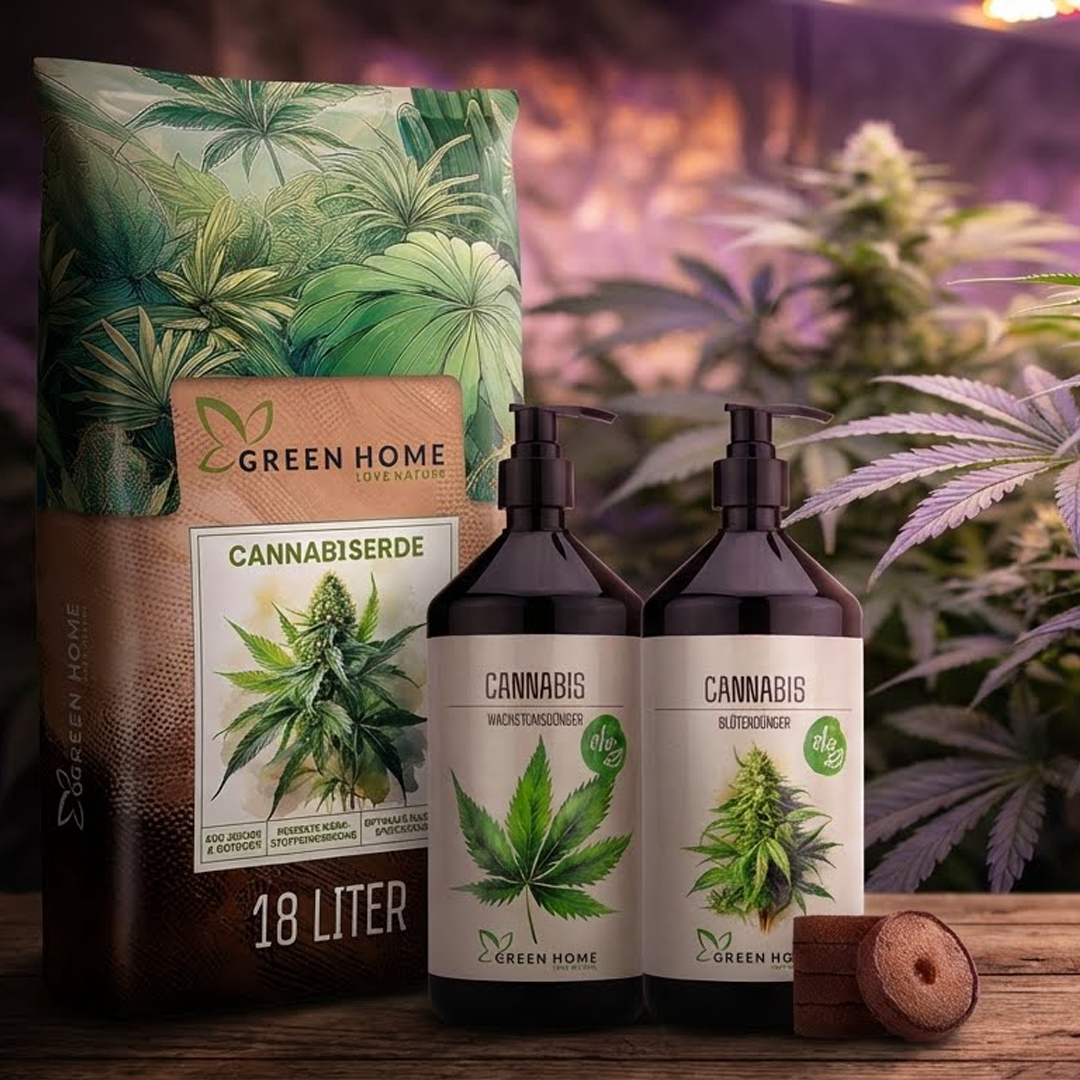 Green Home Cannabiserde 18 Liter zusammen mit Cannabis Wachstumsdünger und Blütendünger in Pumpflaschen vor blühenden Cannabispflanzen im Hintergrund.