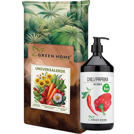 Green Home Chili & Paprika Bundle mit Universalerde und Bio-Dünger auf weißem Hintergrund