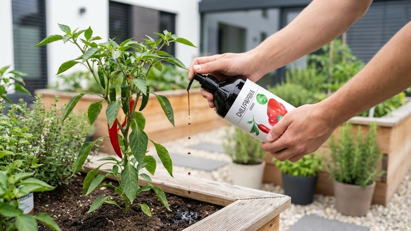 Einfache Dosierung des Green Home Chili & Paprika Düngers direkt an der Pflanze im Gartenbeet.
