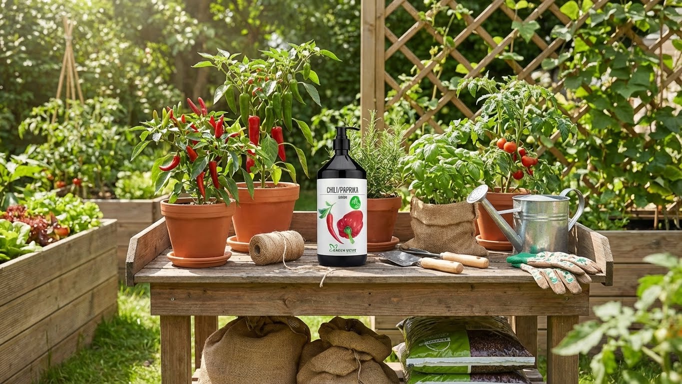 Produktpräsentation des Green Home Chili & Paprika Düngers im Garten mit Topfpflanzen und Zubehör.
