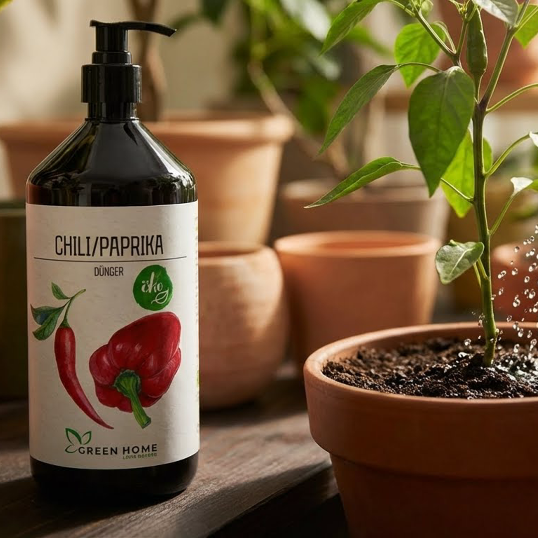 Green Home Chili/Paprika Dünger in Pumpflasche neben einer jungen Paprikapflanze im Tontopf, die gerade gegossen wird.