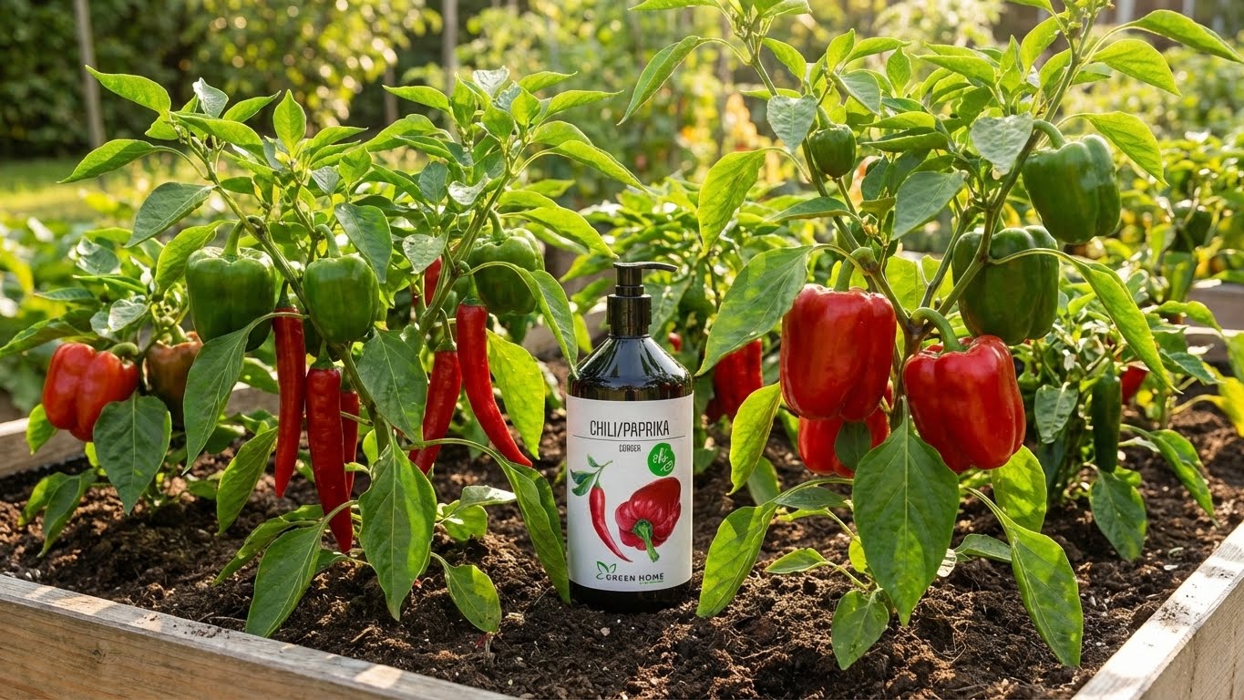 Green Home Chili & Paprika Dünger im Hochbeet zwischen kräftigen Paprika- und Chilipflanzen für eine aromatische Ernte.