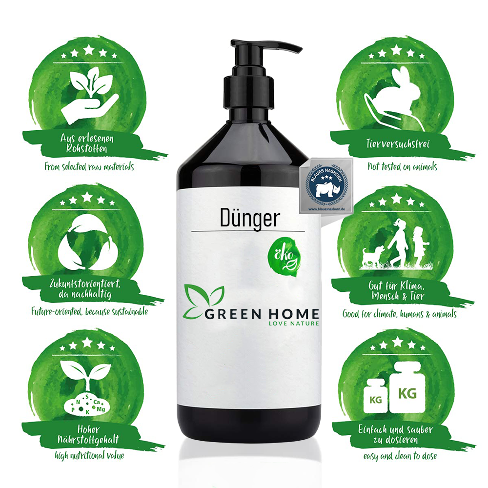 Green Home Dünger 1 Liter mit Icons zu ausgewählten Rohstoffen, Tierfreiheit, hoher Nährstoffdichte und einfacher Dosierung.