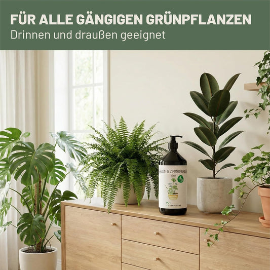 Green Home Dünger für Balkon- und Zimmerpflanzen steht auf einer Kommode zwischen verschiedenen grünen Zimmerpflanzen im Wohnzimmer