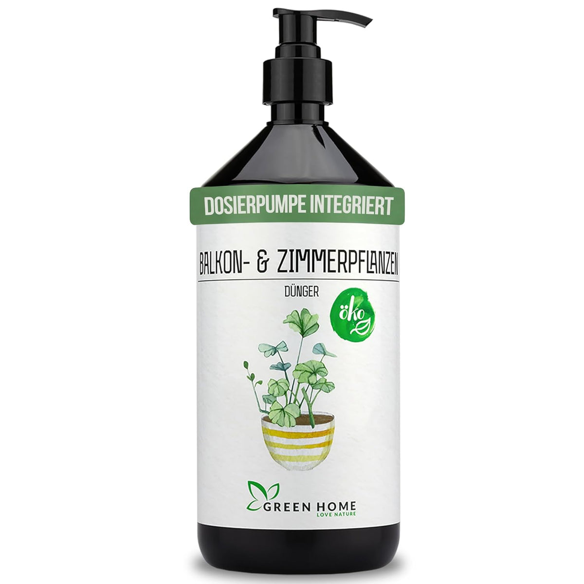 Flasche Green Home Dünger für Balkon- und Zimmerpflanzen mit integrierter Dosierpumpe auf hellem Hintergrund