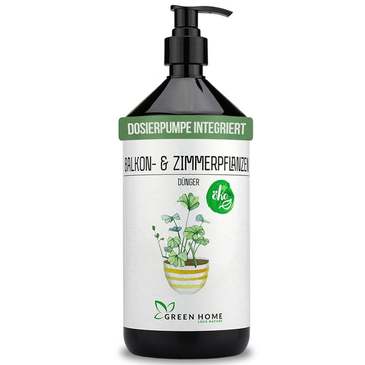 Flasche Green Home Dünger für Balkon- und Zimmerpflanzen mit integrierter Dosierpumpe auf hellem Hintergrund