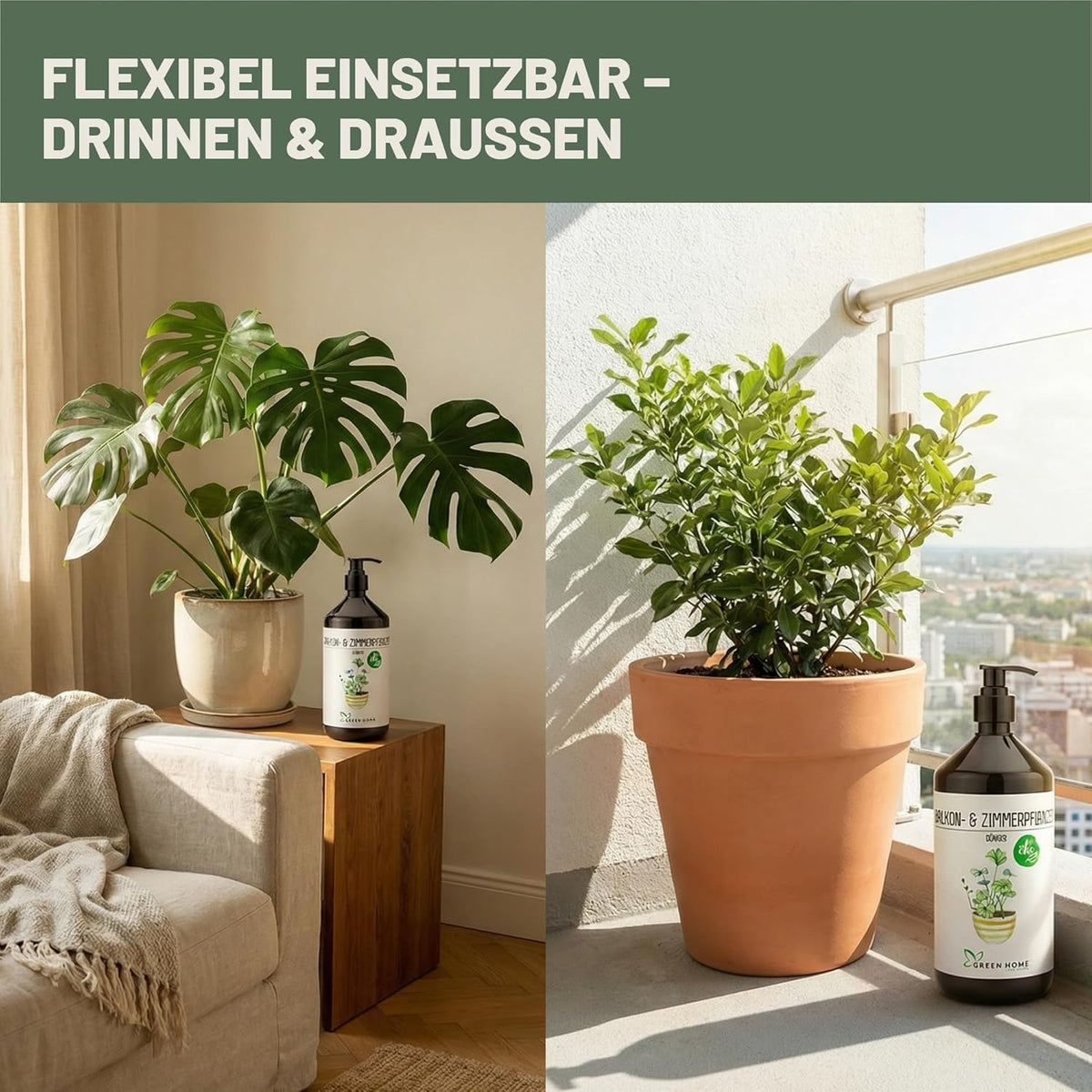 Green Home Dünger für Balkon- und Zimmerpflanzen neben Pflanzen im Innenraum und auf einem Balkon im Außenbereich