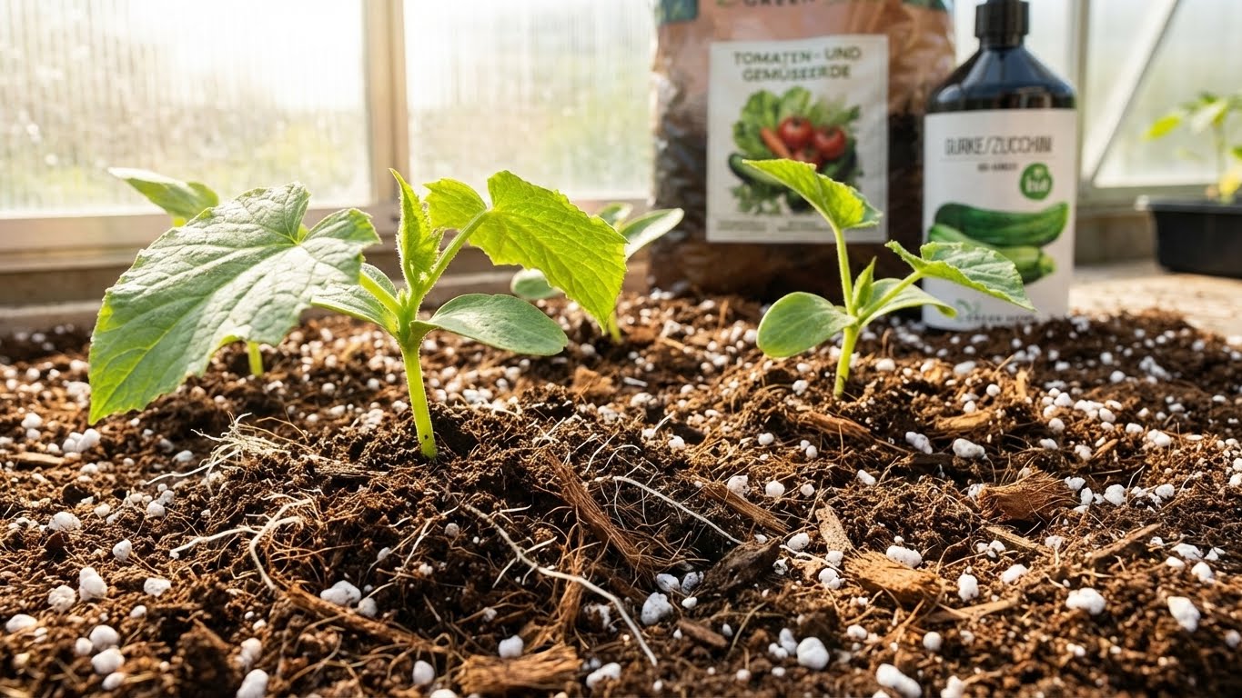 Junge Gurken- und Zucchinipflanzen wachsen kräftig in lockerer Tomaten- und Gemüseerde von Green Home im Gewächshaus.