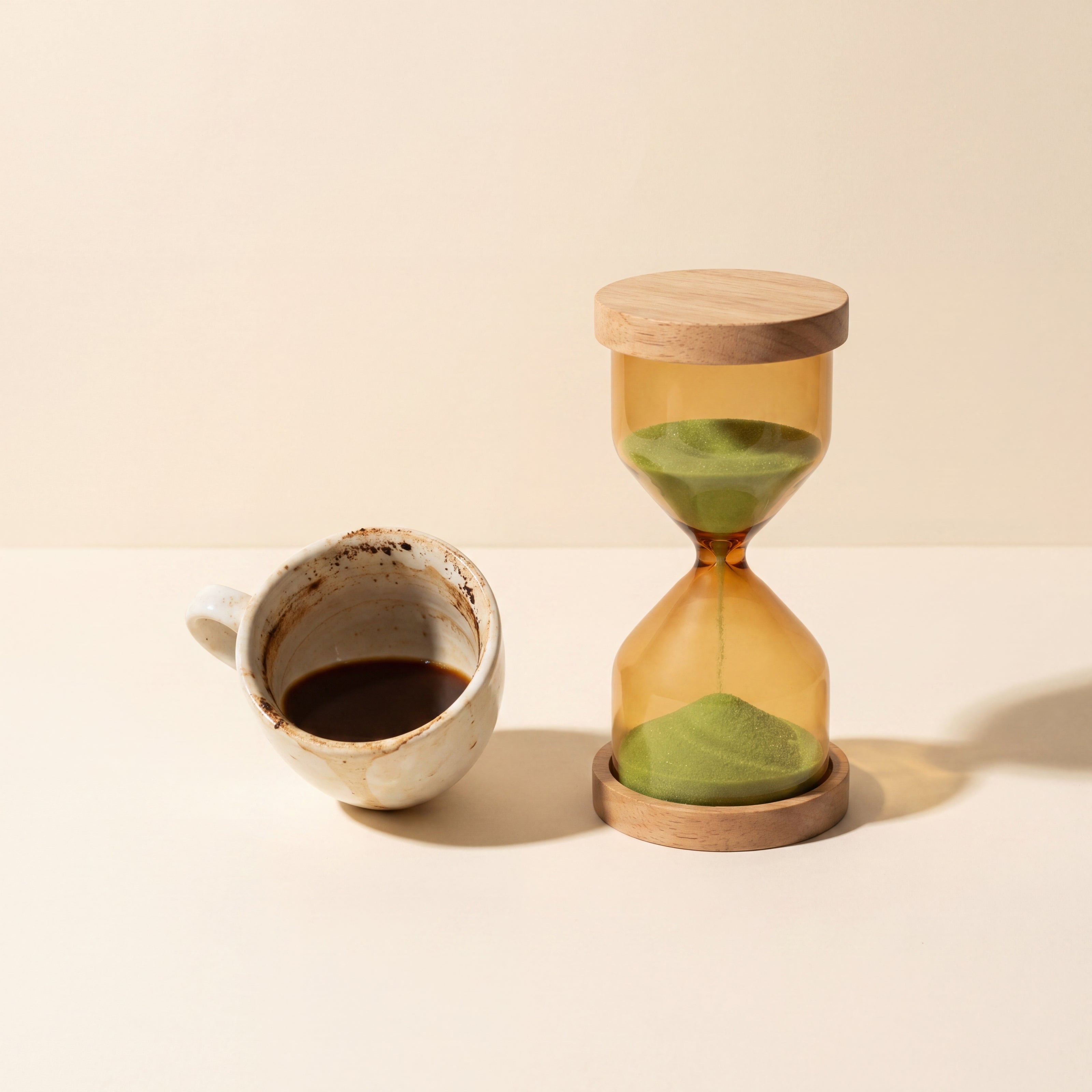 Leere Espressotasse neben Sanduhr mit sage-grünem Sand – Symbol für Klarheit jenseits von Koffein