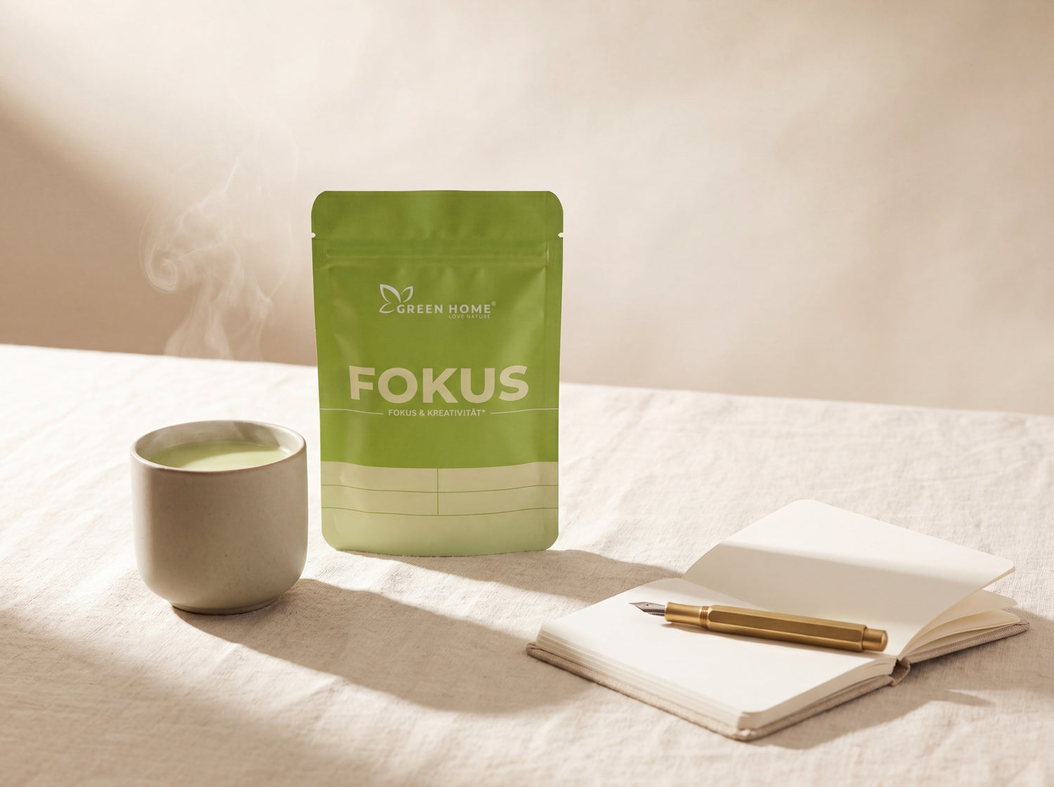 Green Home Fokus Ritual Set mit Matcha-Tasse und Notizbuch – ein Morgenritual für mentale Klarheit