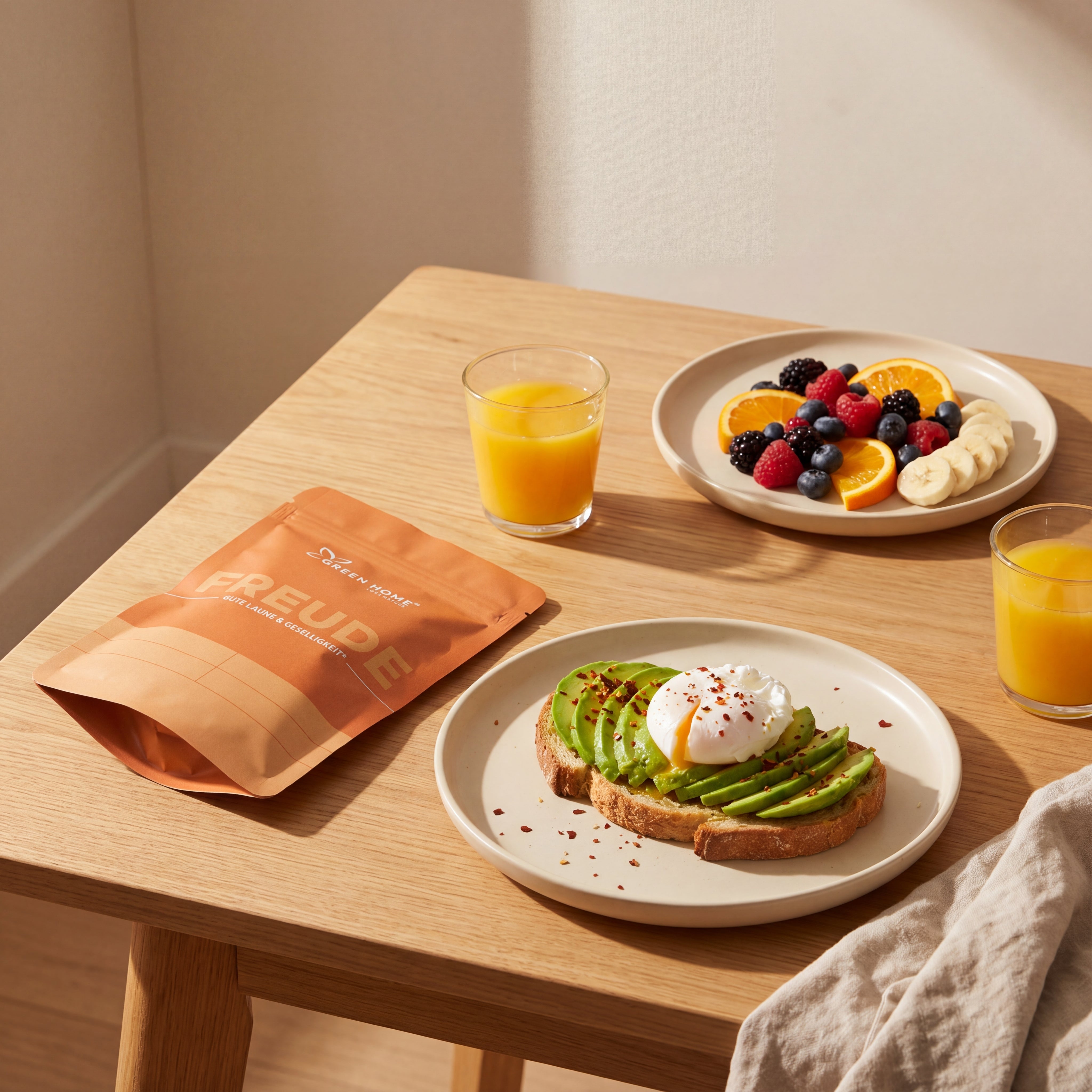 Green Home Freude Ritual Set beim Brunch mit Orangensaft und Snacks