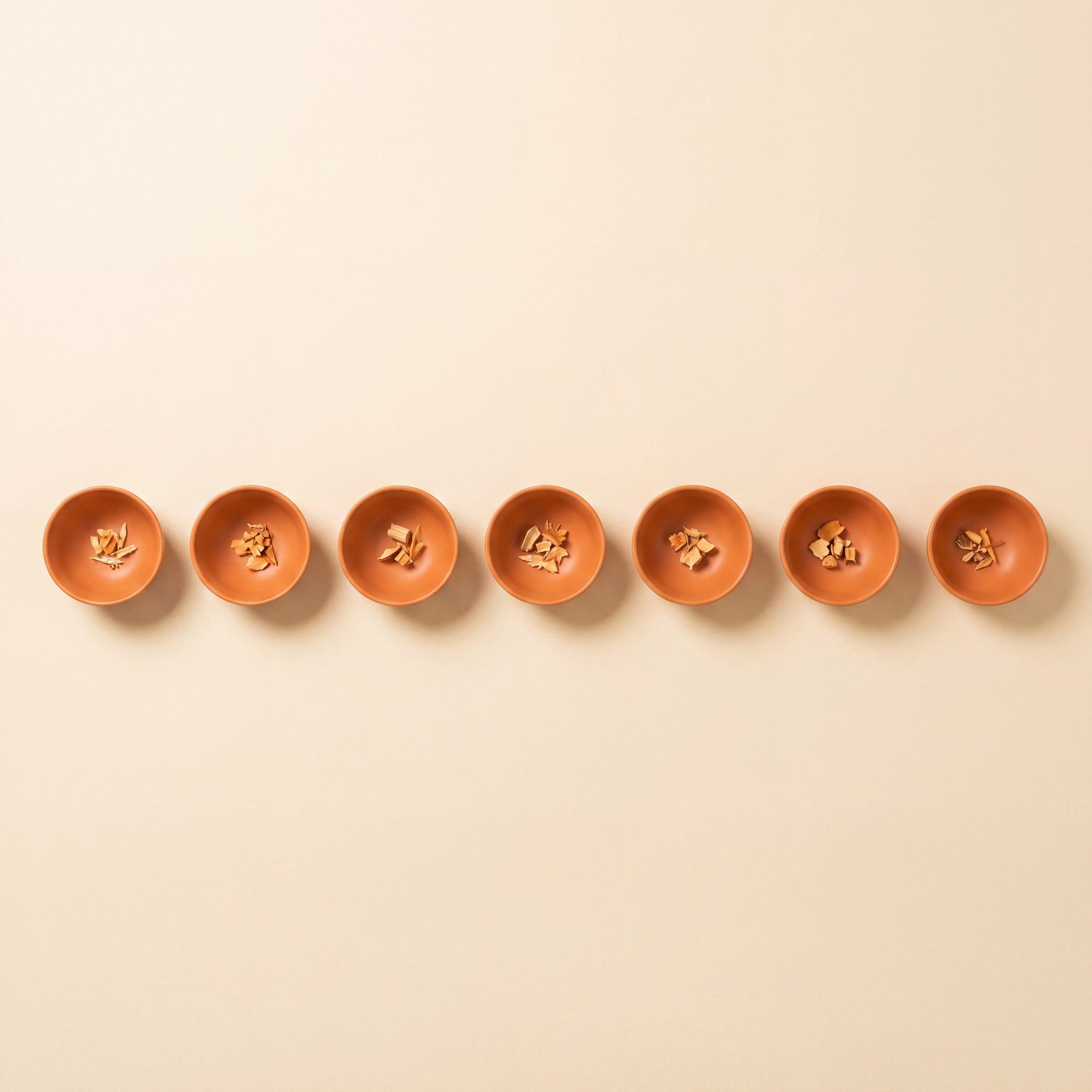 Sieben warm-orange Schalen in präziser Reihe – Symbol für geselliges Ritual
