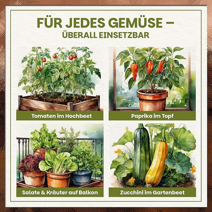 Anwendungsbeispiele der Green Home Gemüseerde für Tomaten, Paprika, Salate, Kräuter und Zucchini