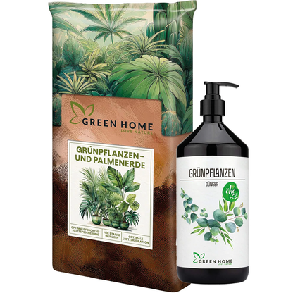 Green Home Grünpflanzen Bundle mit Grünpflanzen- und Palmenerde sowie Bio-Dünger in Pumpflasche