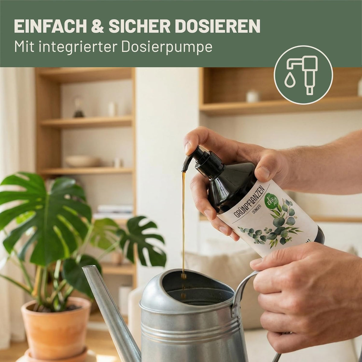 Green Home Grünpflanzen Dünger wird mit Dosierpumpe in eine Gießkanne gefüllt