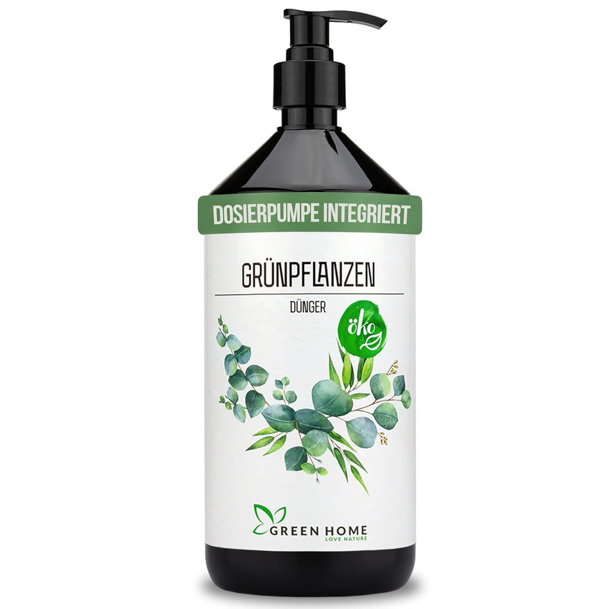 Green Home Grünpflanzen Dünger 1 Liter Flasche mit integrierter Dosierpumpe vor weißem Hintergrund