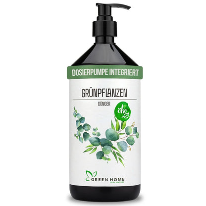 Green Home Grünpflanzen Dünger 1 Liter Flasche mit integrierter Dosierpumpe vor weißem Hintergrund