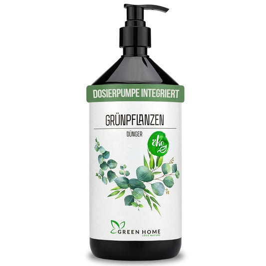 Green Home Grünpflanzen Dünger 1 Liter Flasche mit integrierter Dosierpumpe vor weißem Hintergrund