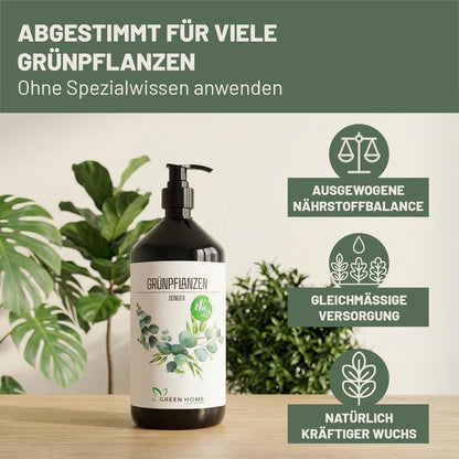 Green Home Grünpflanzen Dünger Flasche auf Tisch mit eingeblendeten Hinweisen zu Nährstoffbalance und Pflanzenwachstum