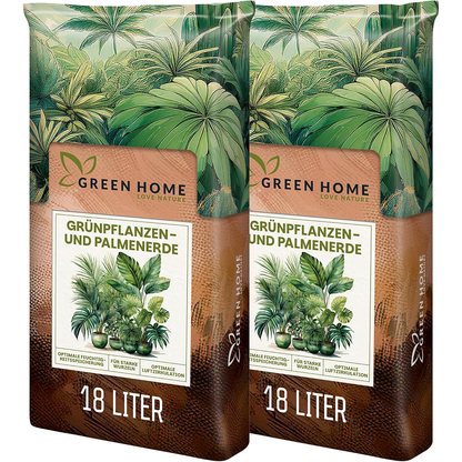 Zwei Beutel Green Home Grünpflanzen- und Palmenerde mit jeweils 18 Litern Inhalt
