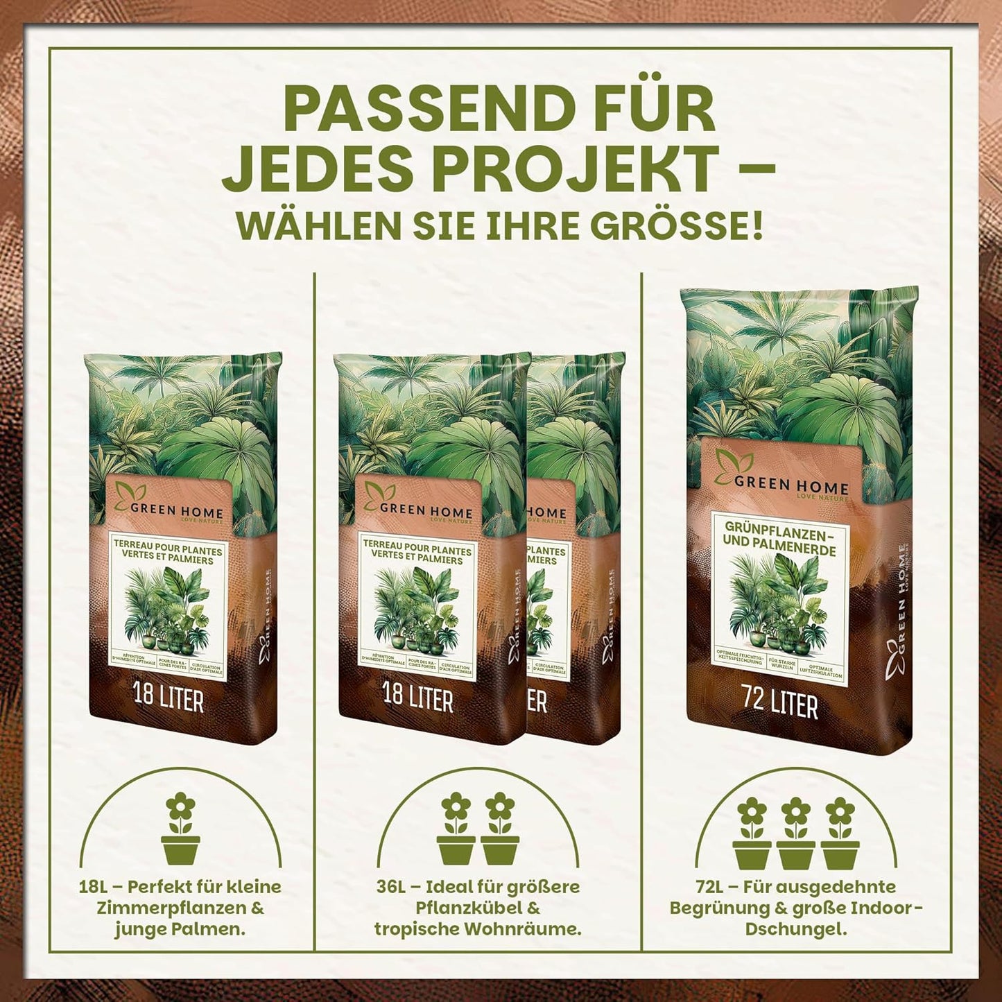 Produktübersicht der Green Home Grünpflanzen- und Palmenerde in verschiedenen Gebindegrößen für unterschiedliche Pflanzprojekte