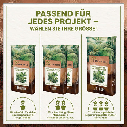 Produktübersicht der Green Home Grünpflanzen- und Palmenerde in verschiedenen Gebindegrößen für unterschiedliche Pflanzprojekte