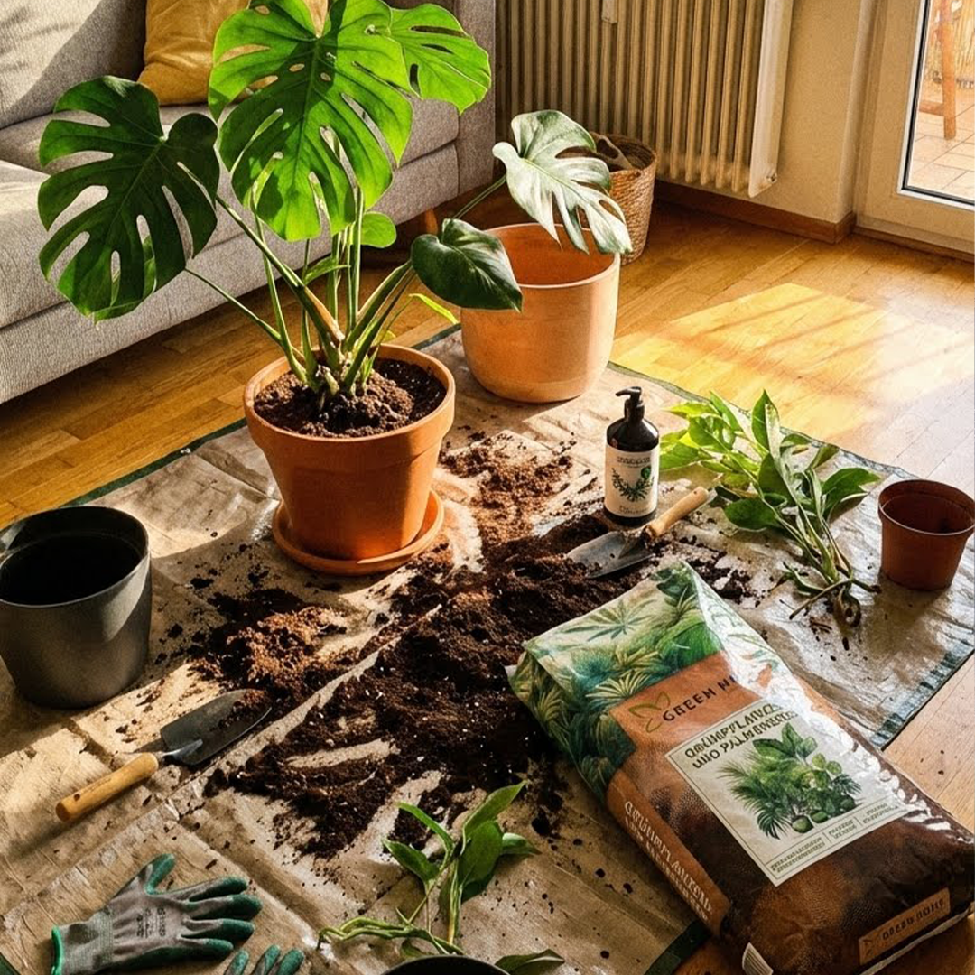 Umtopfszene im Wohnzimmer mit Monstera, Green Home Grünpflanzen- & Palmenerde und Bio-Dünger auf Schutzunterlage.