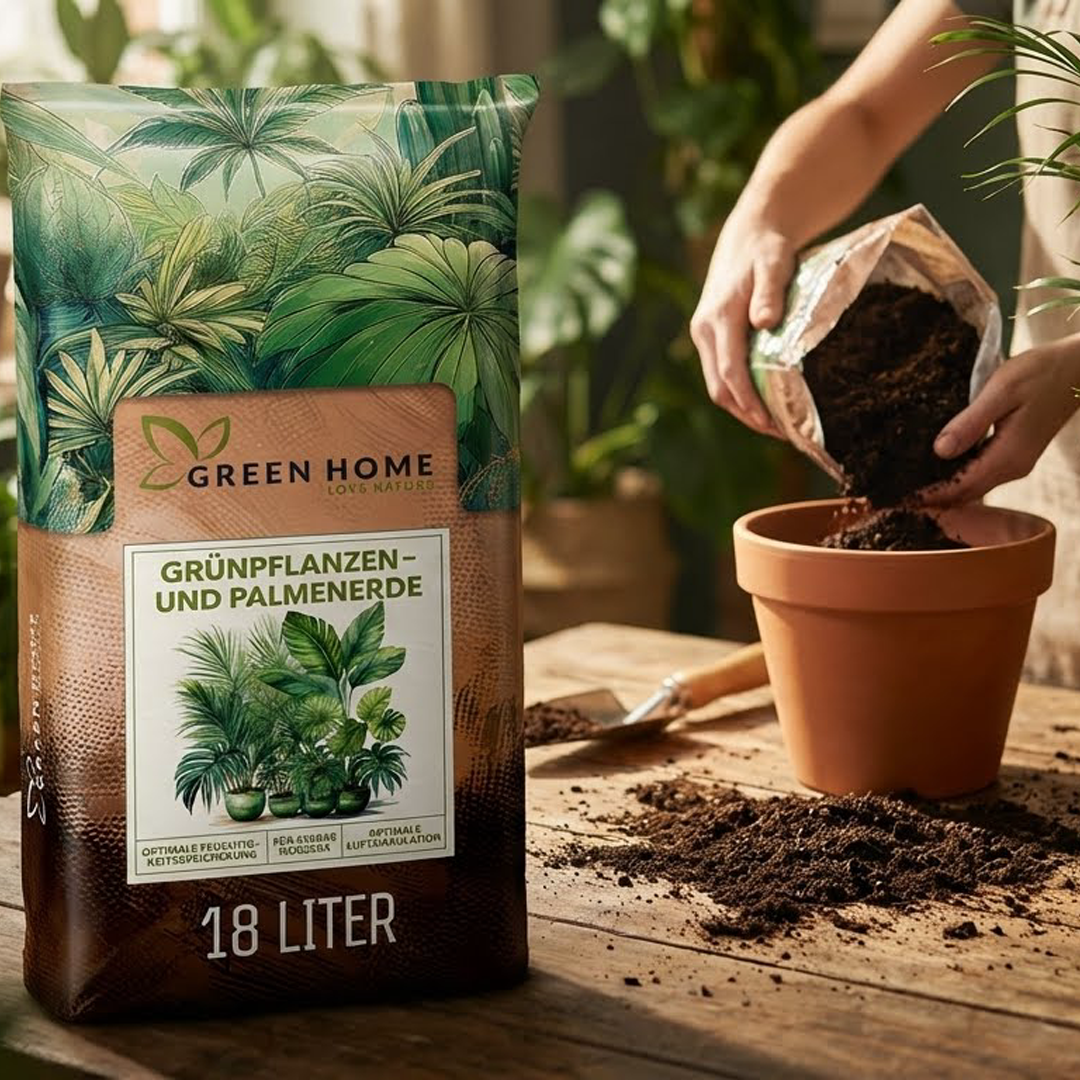 Green Home Grünpflanzen- und Palmenerde 18 Liter wird in einen Blumentopf gefüllt, während eine Zimmerpflanze umgetopft wird.