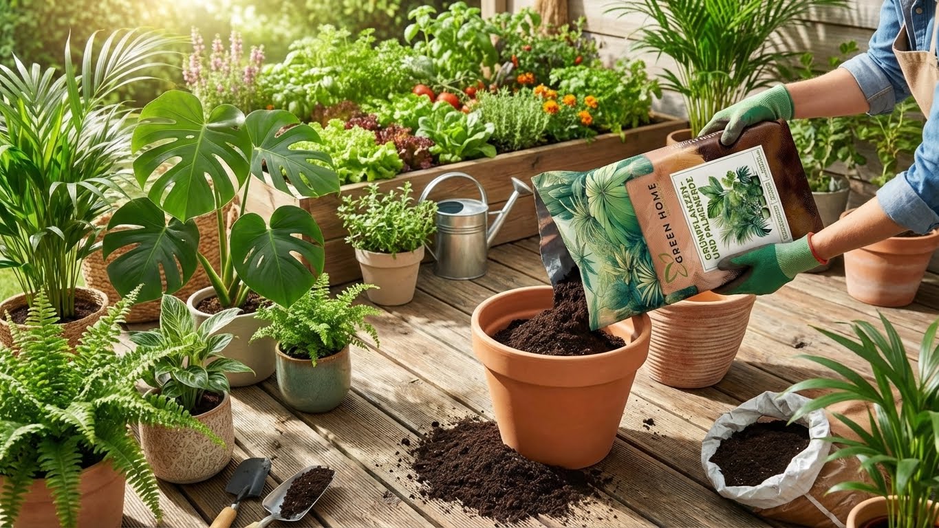 Anwendung der Green Home Grünpflanzen- und Palmenerde beim Befüllen eines Blumentopfs im Garten