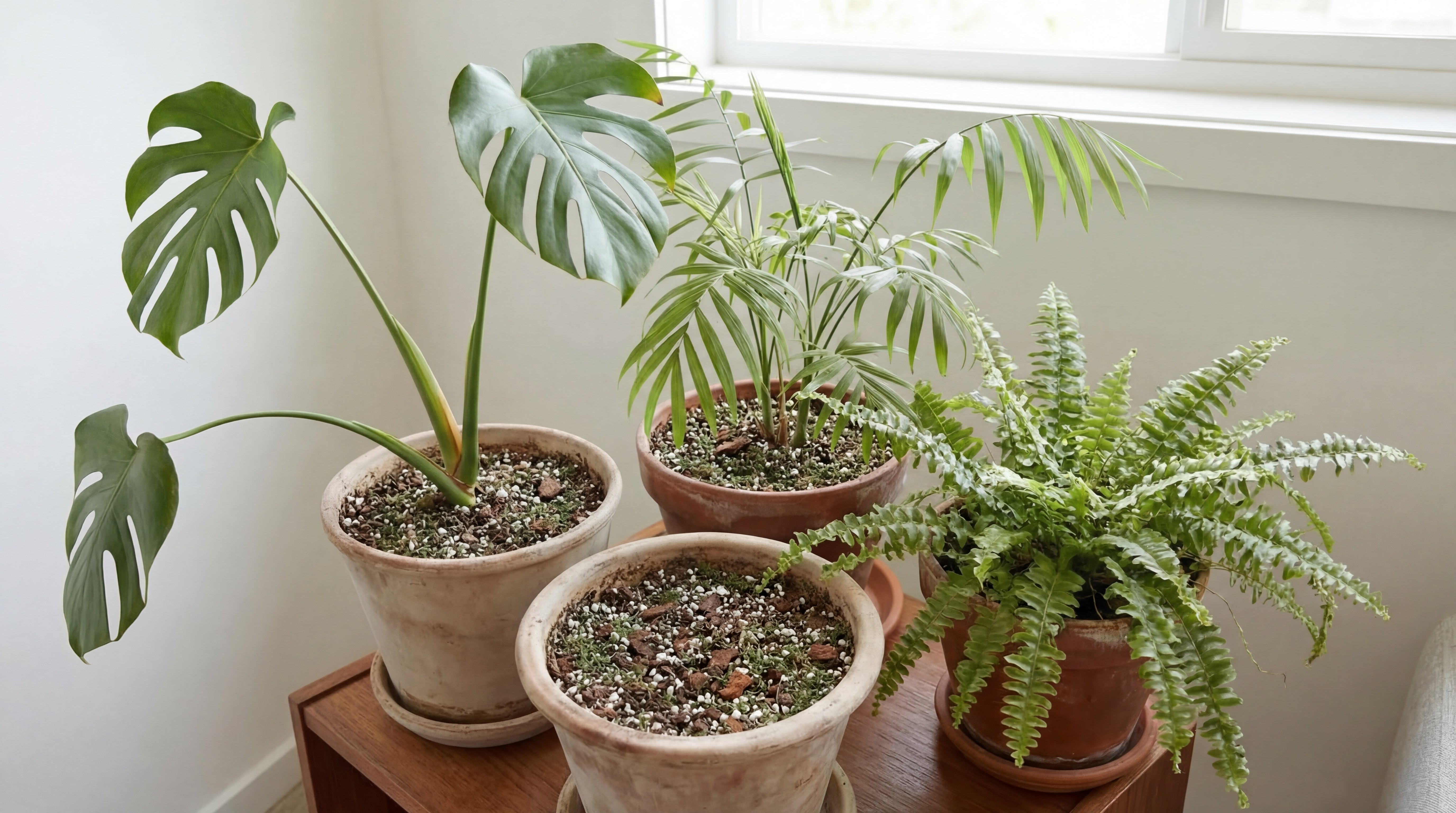 Kräftige grüne Zimmerpflanzen in lockerer Erde als Ergebnis der Verwendung von Green Home Grünpflanzen- und Palmenerde