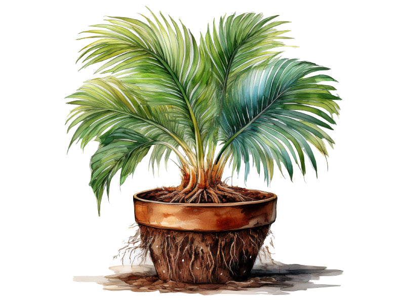 Illustration einer Grünpflanze mit sichtbarem Wurzelballen zur Darstellung gesunden Wachstums mit Green Home Grünpflanzen- und Palmenerde