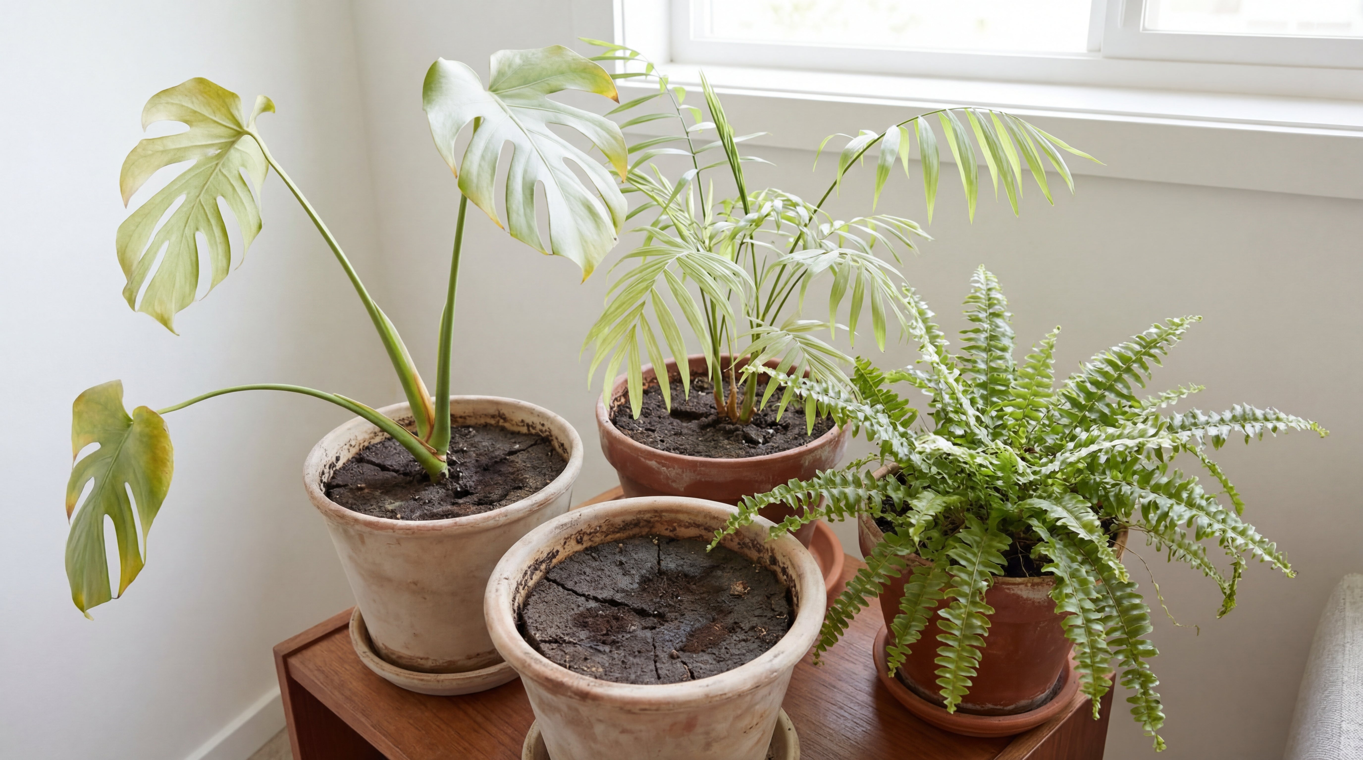 Geschwächte Zimmerpflanzen in verdichteter Erde als Vergleich zu optimalem Wachstum mit Green Home Grünpflanzen- und Palmenerde