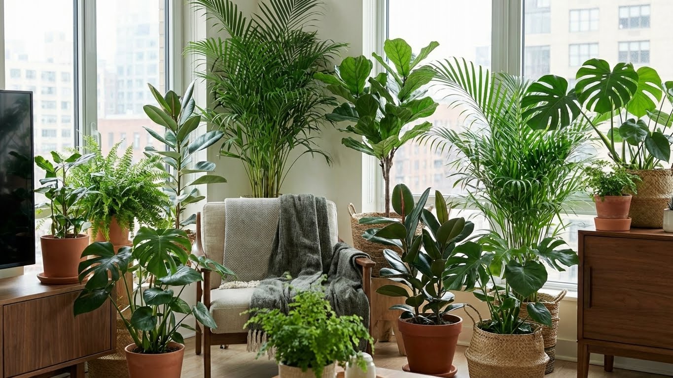 Üppige Grünpflanzen und Palmen in einem hellen Wohnraum als Beispiel für den Einsatz der Green Home Grünpflanzen- und Palmenerde