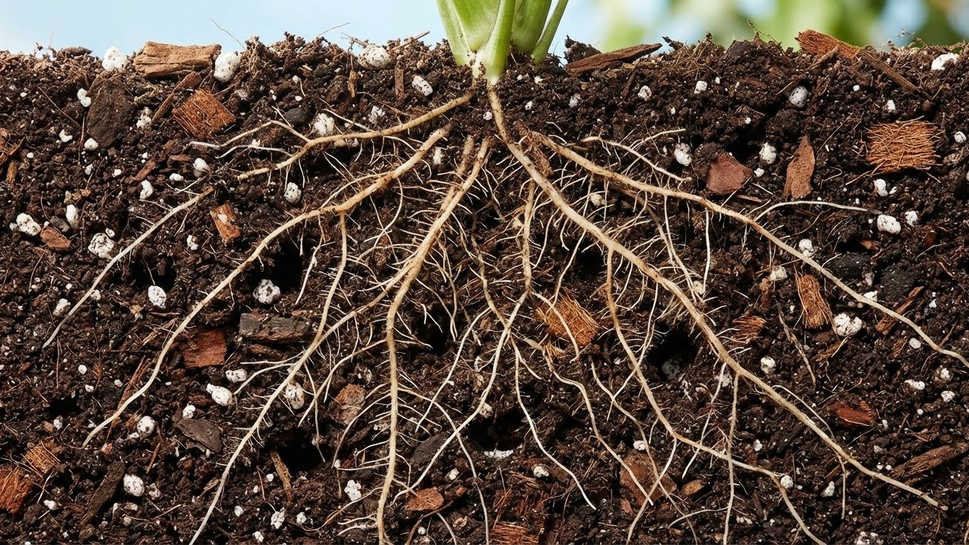 Querschnitt durch lockere Erde mit fein verzweigtem Wurzelsystem zur Veranschaulichung der Struktur der Green Home Grünpflanzen- und Palmenerde